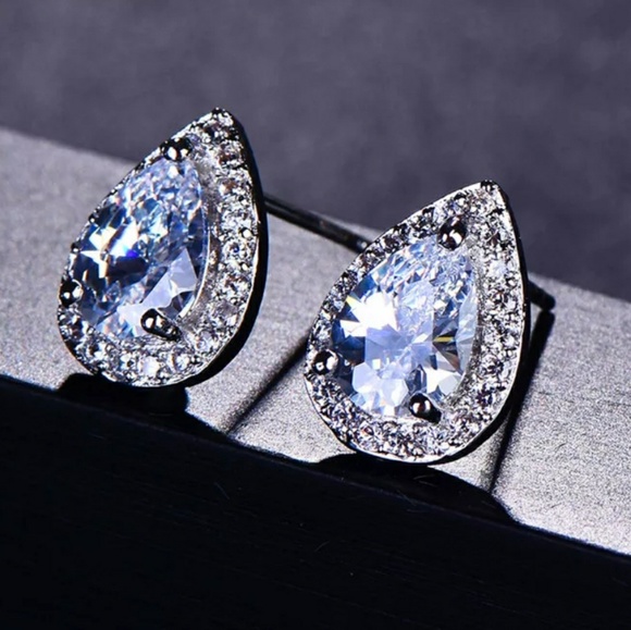 White Gold Pear Tear Drop Diamond Halo Earrings - Picture 7 of 9